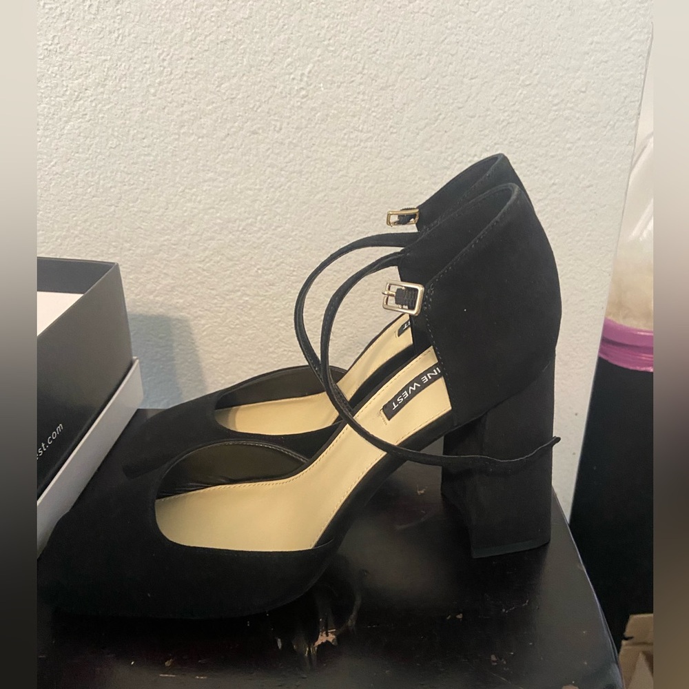 Nine West Black Suede Square-Toe Mary Jane Heels